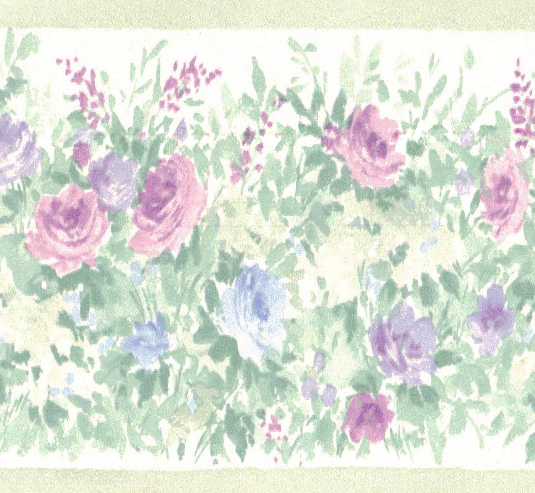 Prepasted Wallpaper Border - Floral Pink, Blue Blooming Roses Wall