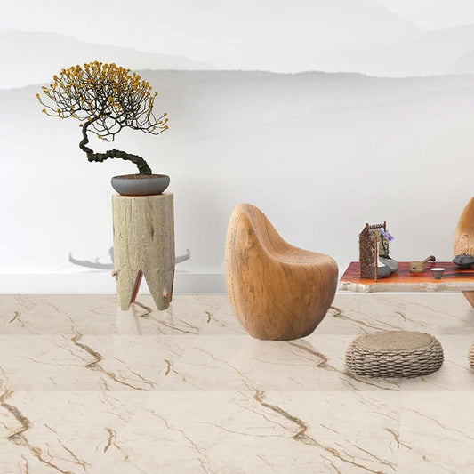 Stylish living room with large marble floor and chairs.