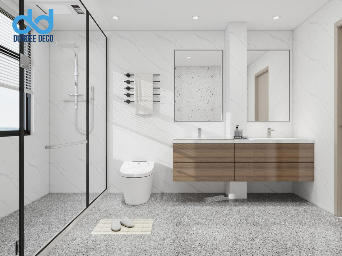 Modern bathroom with marble walls.