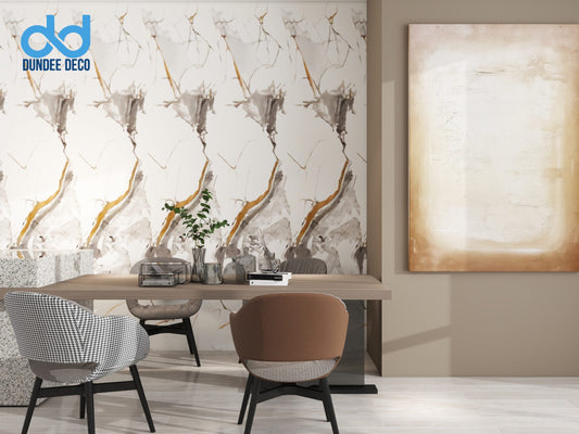 Dining area with marble wall