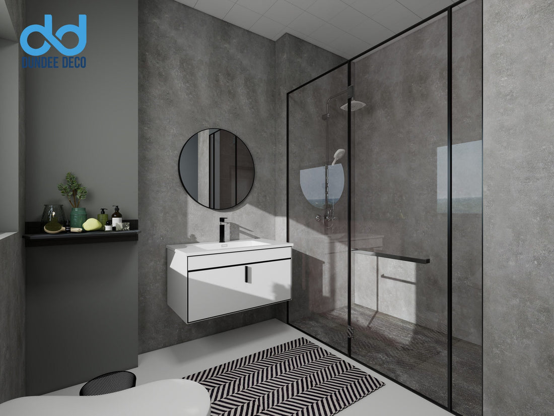 Bathroom with faux stone walls