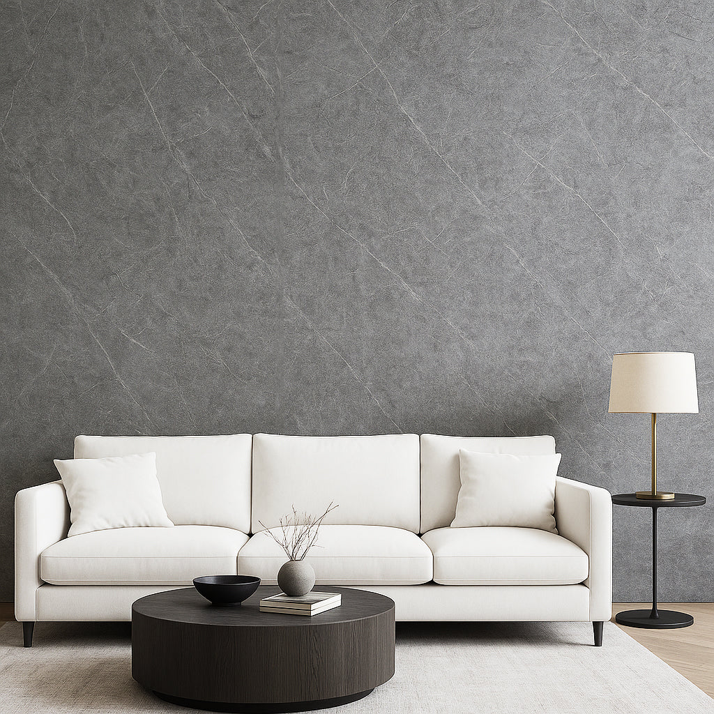 Modern living room with grey SPC wall panels.