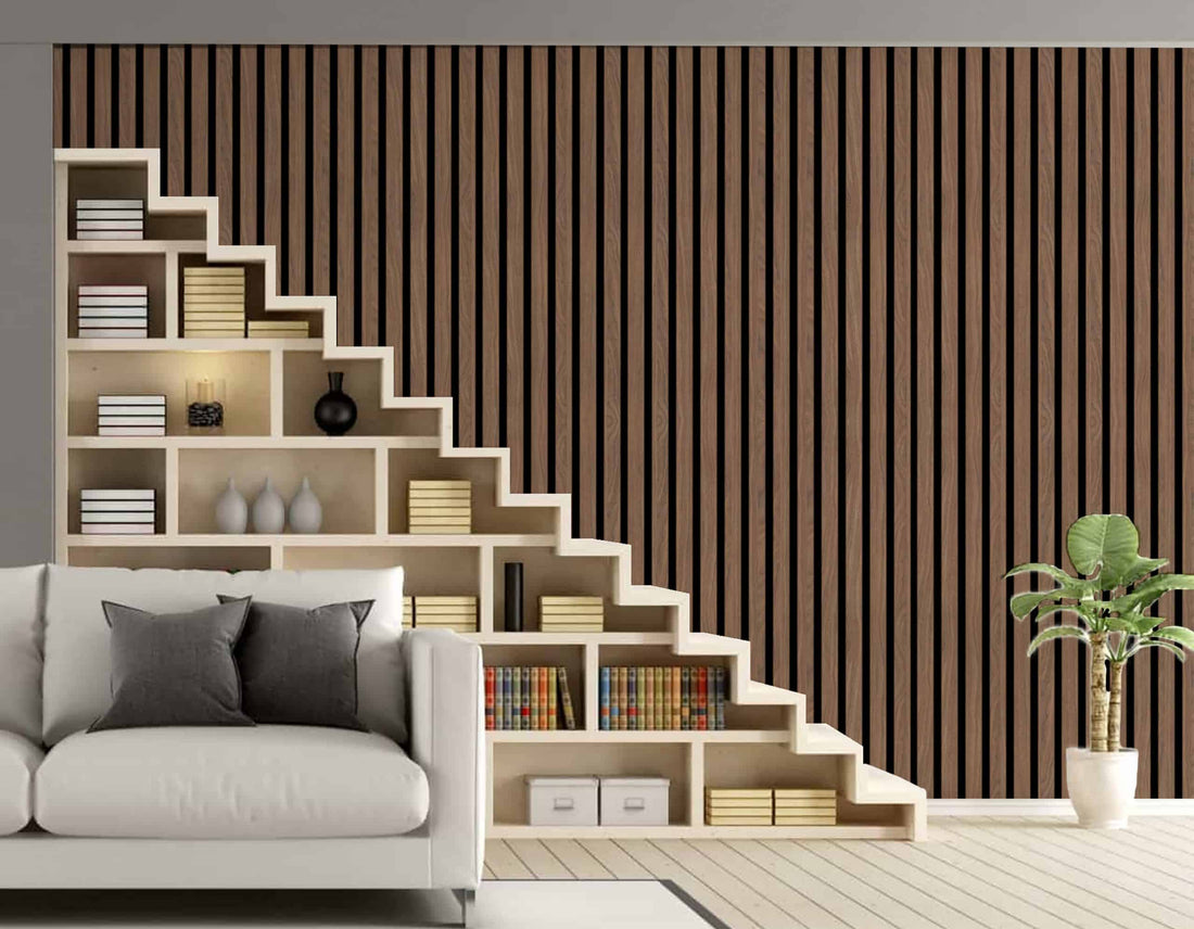 Modern staircase bookshelf with wooden slat wall and cozy decor.