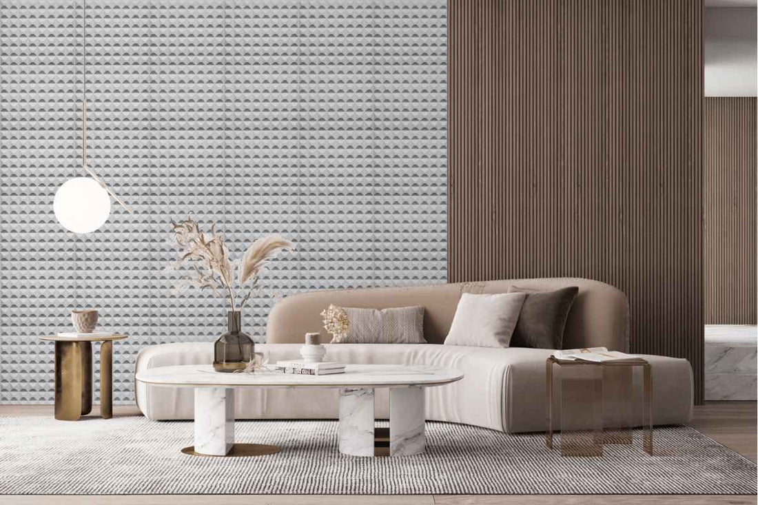 Modern living room with geometric wallpaper. 