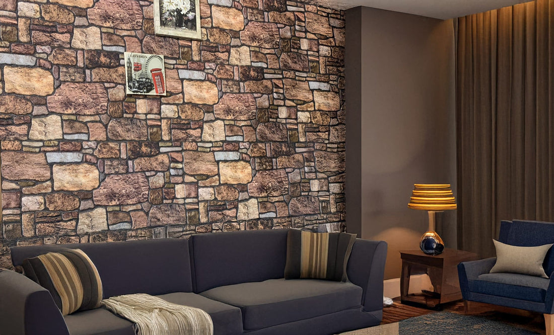 Living room with natural stone look 3D wall paneling.