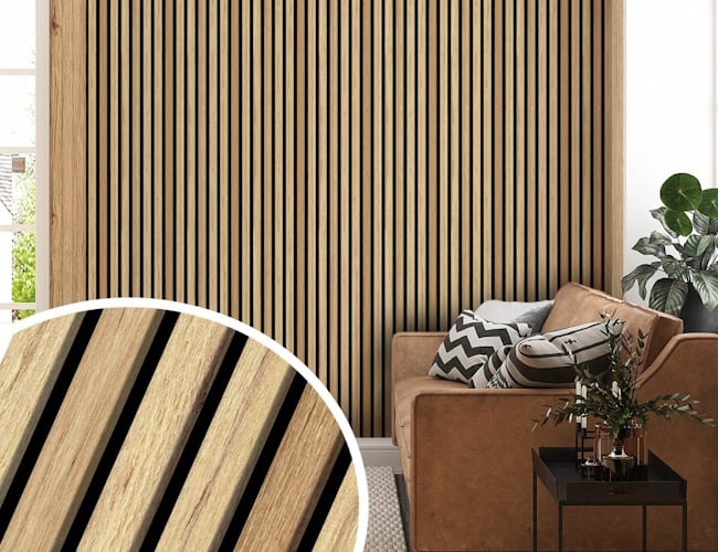 odern living room with vertical wood slat acoustic wall paneling.