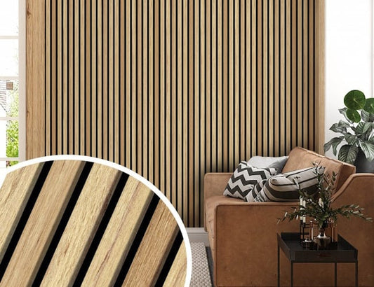 odern living room with vertical wood slat acoustic wall paneling.