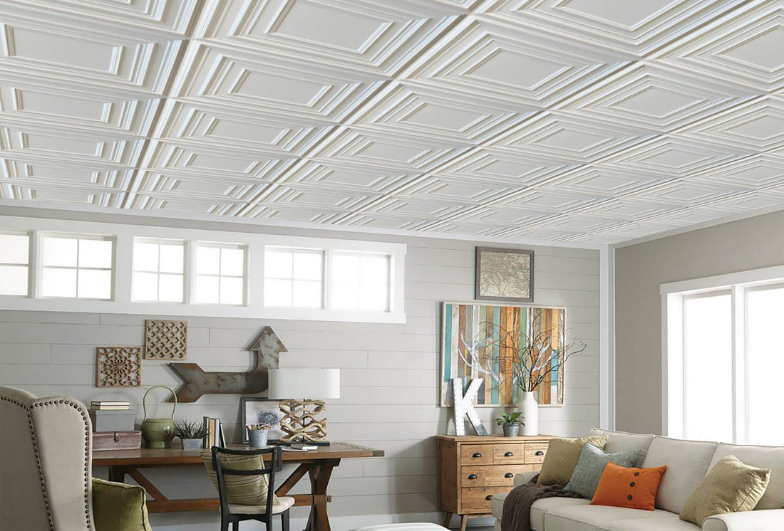 White ceiling tiles in living room.