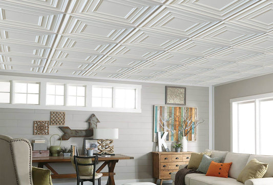 White ceiling tiles in living room.