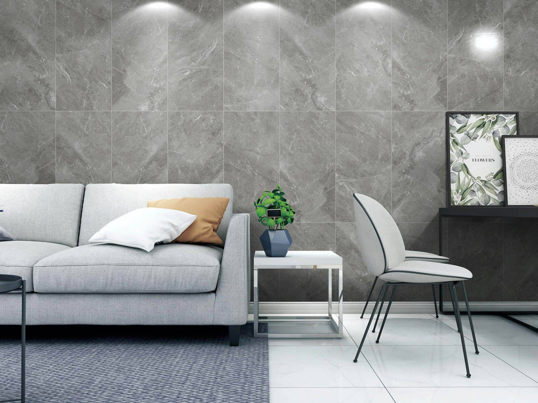 Modern living room with gray marble wall. 