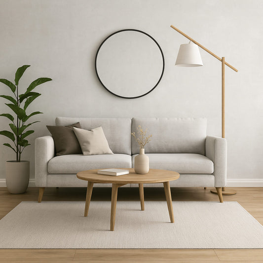 Living room with faux concrete wall panels.