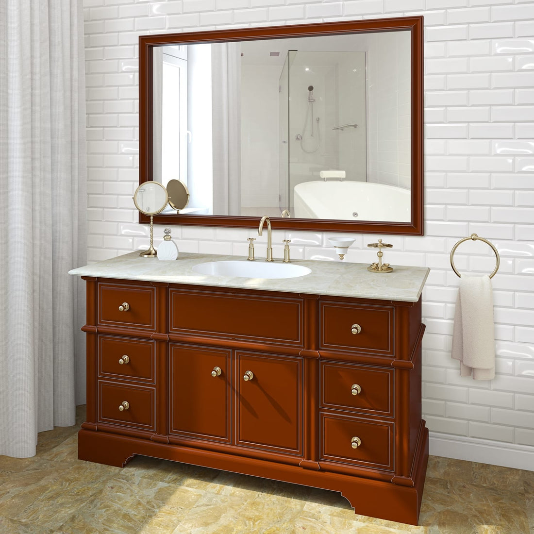 Brown wood vanity with white tile bathroom mirror. 