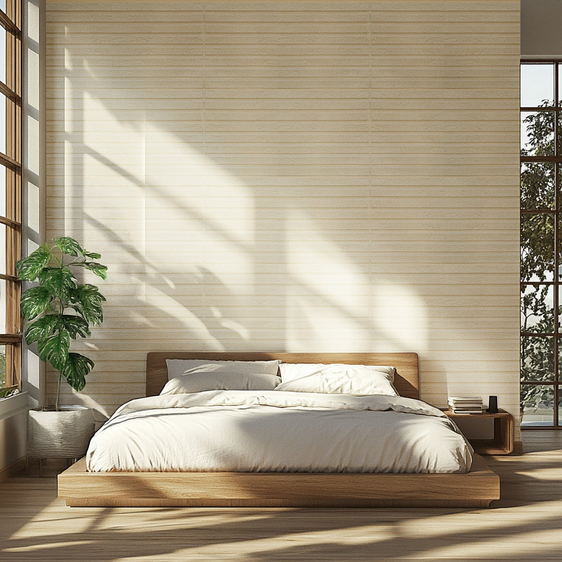 Modern wooden bed in sunlit minimalist bedroom space. 