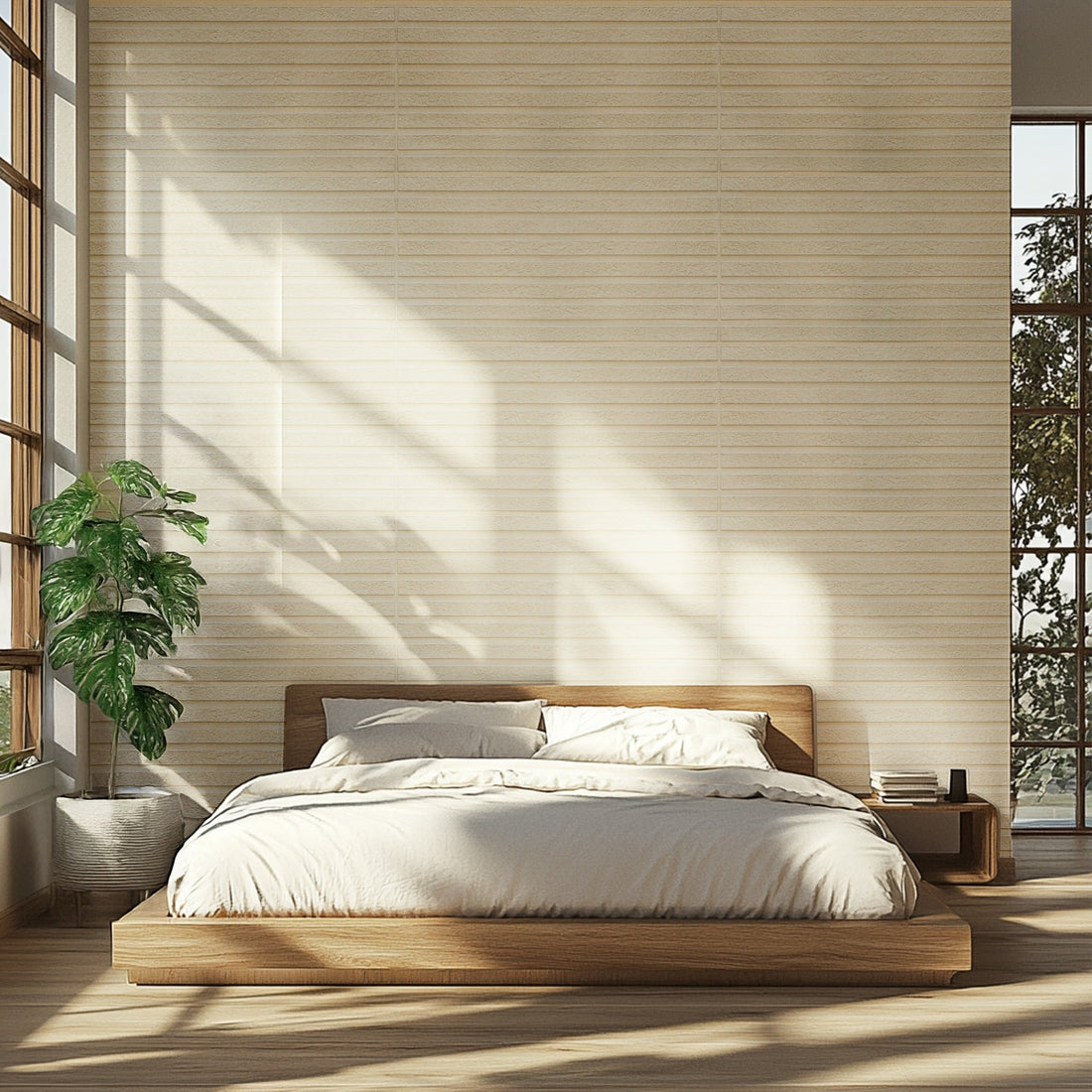 bedroom with bed, plant, and cream faux wood wall panel