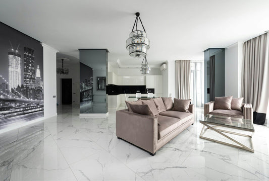 Modern living room with marble floors and wall mural.