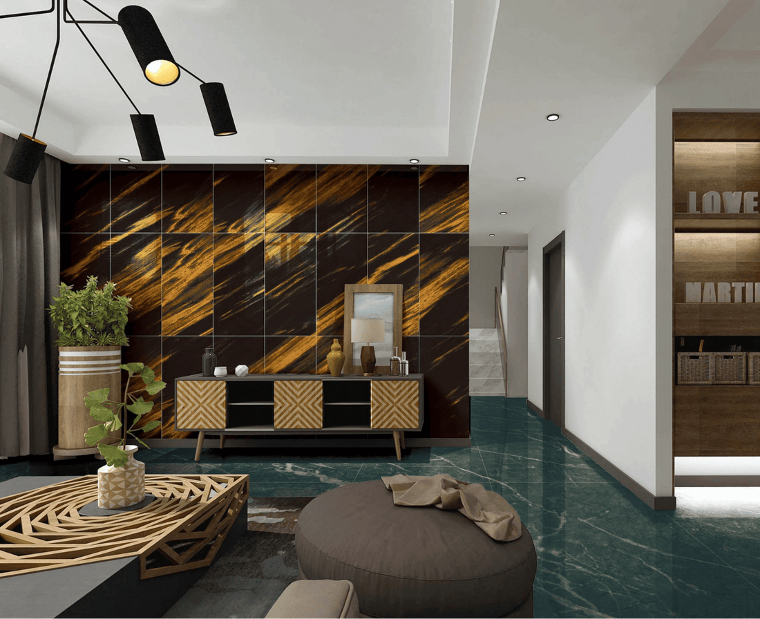 living area with black and gold interior wall