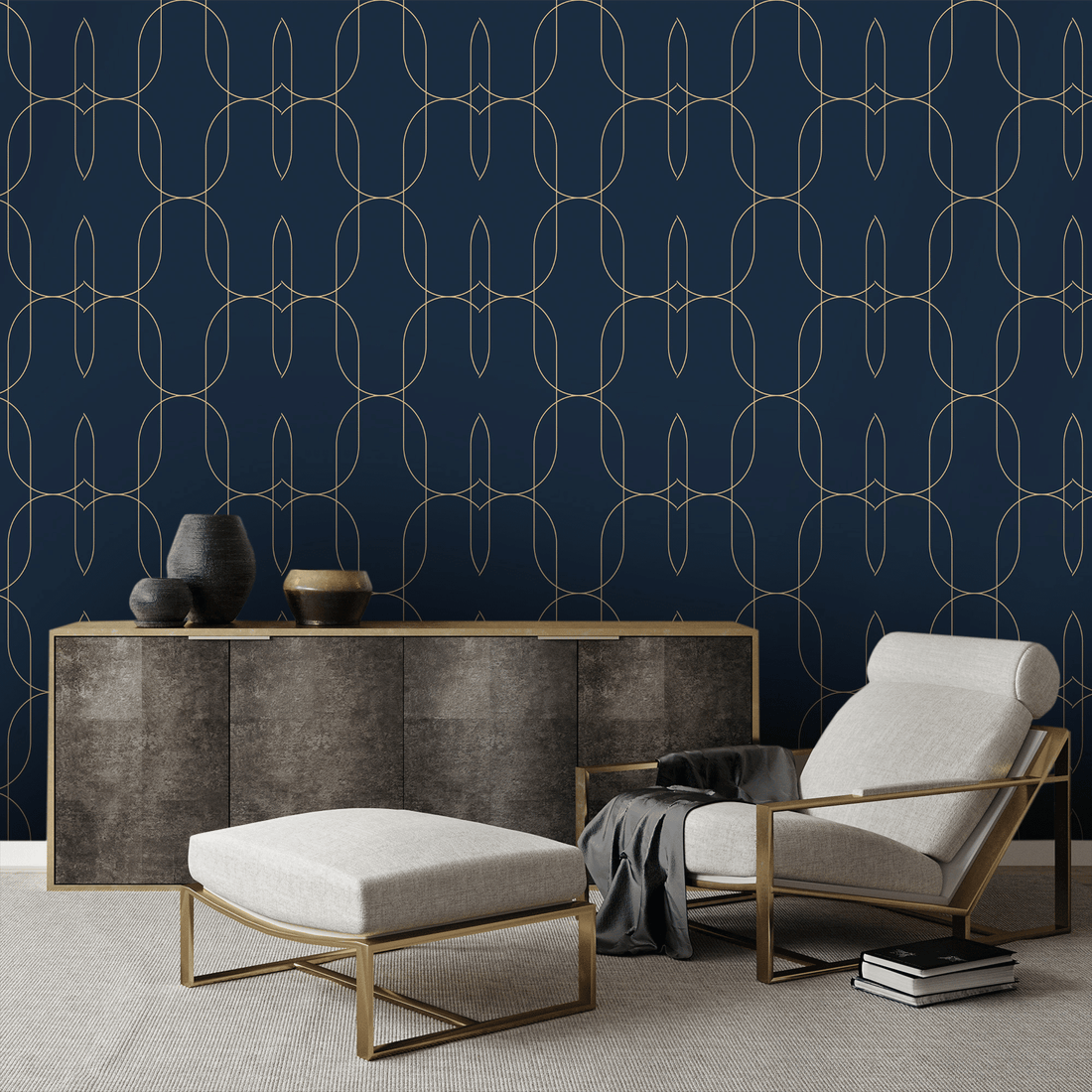 sitting area with blue and gold wallpaper