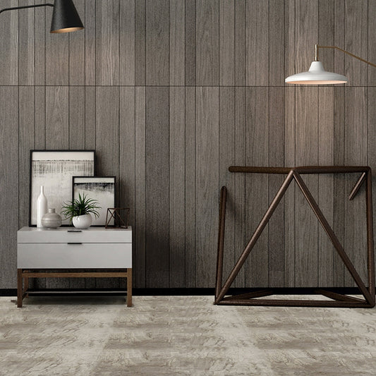 Contemporary room with wooden paneling and a lamp.