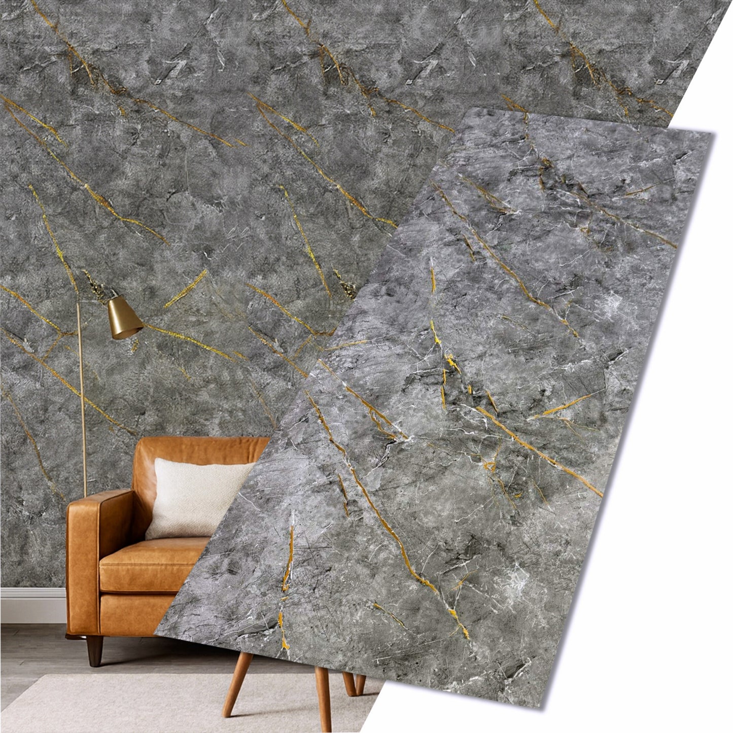 UV Marble Full Size Wall Panels 4ft x 9ft, High Gloss Panels - Backsplash, Bathroom, Accent Walls - Grey, Gold Veins