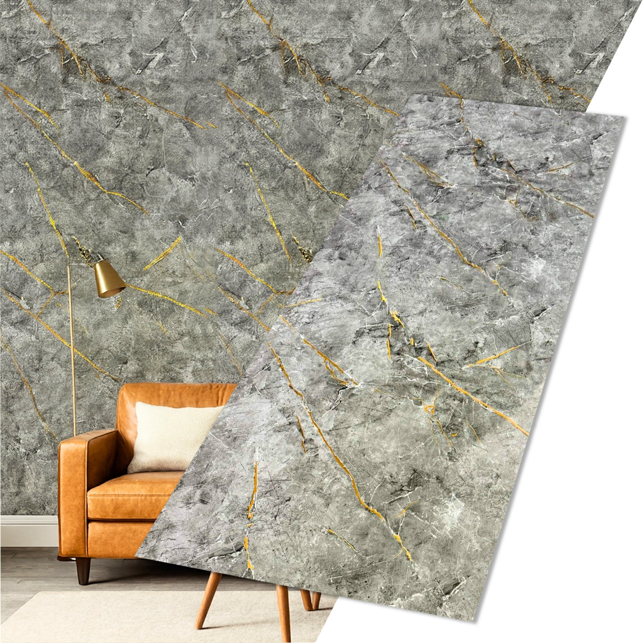 UV Marble Full Size Wall Panels 4ft x 9ft, High Gloss Panels - Backsplash, Bathroom, Accent Walls - Grey, Gold Veins