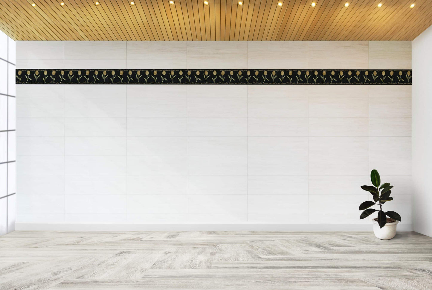 Prepasted Wallpaper Border - Floral Black, Pale Gold Poetry, Tulips Wall Border Retro Design, 15 ft x 9.5 in (4.57m x 24.13cm)