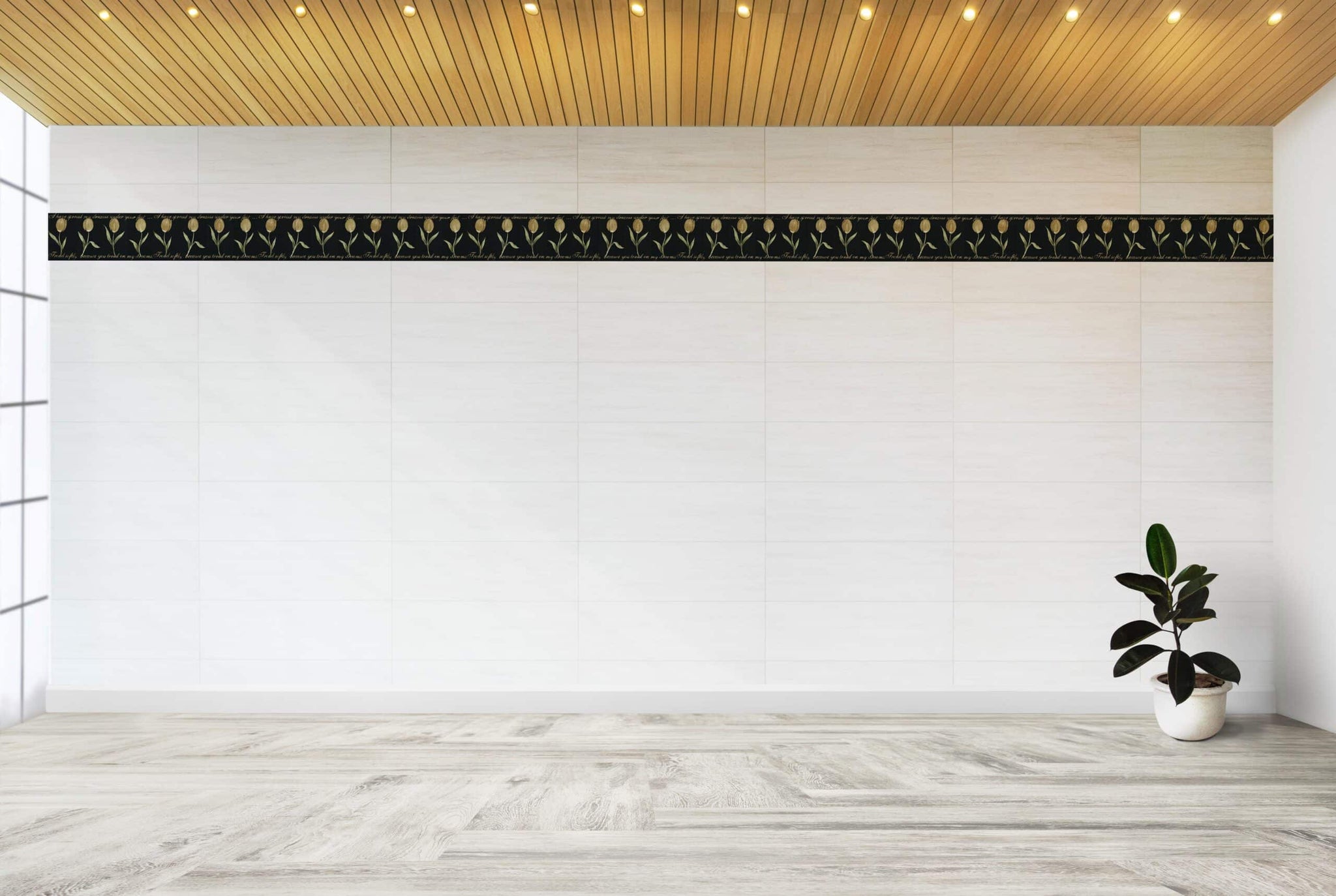 Prepasted Wallpaper Border - Floral Black, Pale Gold Poetry, Tulips Wall Border Retro Design, 15 ft x 9.5 in (4.57m x 24.13cm)
