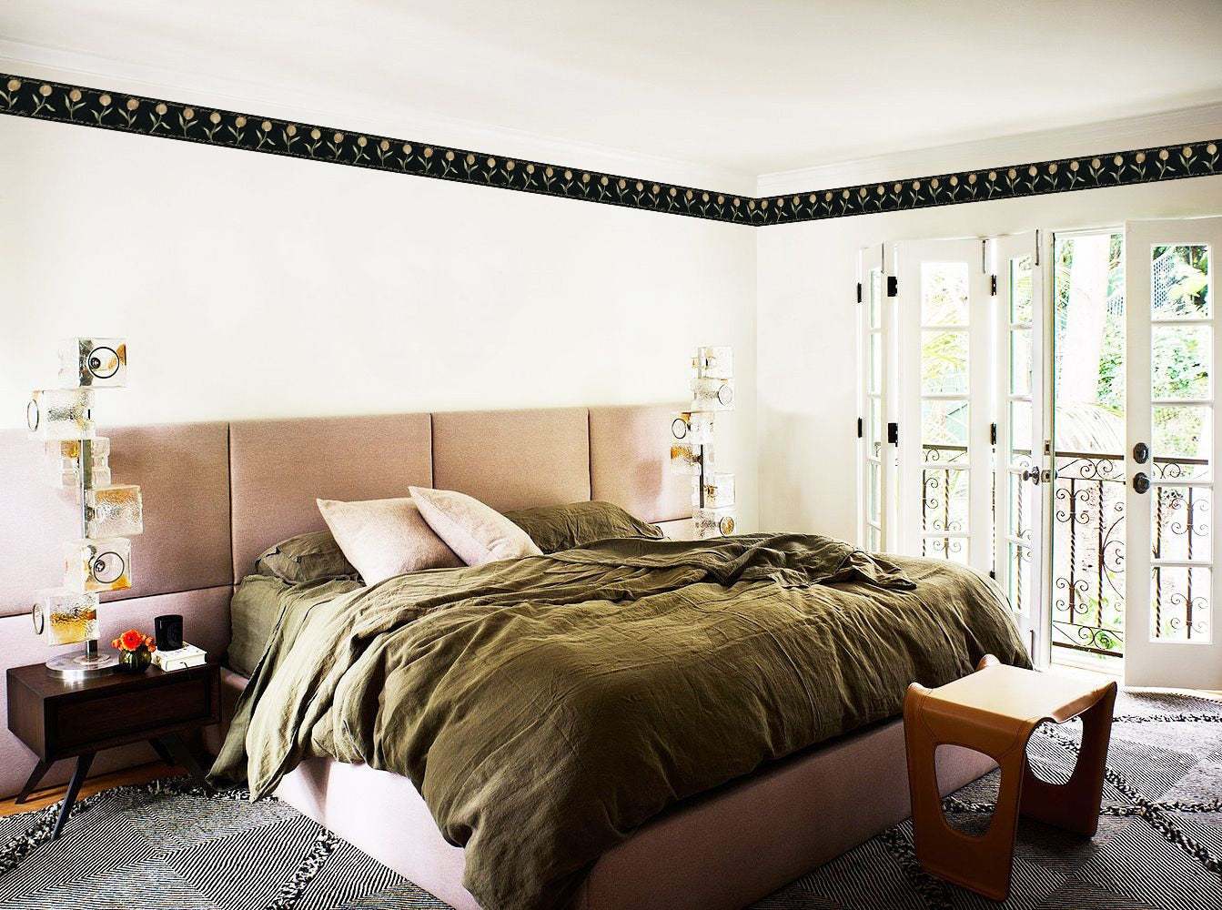 Prepasted Wallpaper Border - Floral Black, Pale Gold Poetry, Tulips Wall Border Retro Design, 15 ft x 9.5 in (4.57m x 24.13cm)