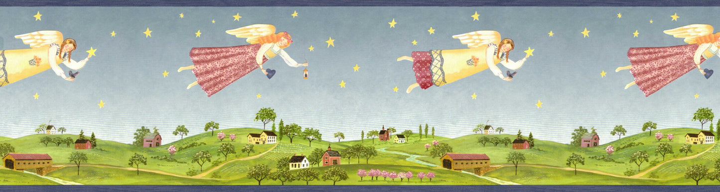 Prepasted Wallpaper Border - Kids Yellow, Red, Green, Blue Flying Angels Wall Border Retro Design, 15 ft x 9.25 in (4.57m x 23.5cm) ASC_BO_BR_238B53224