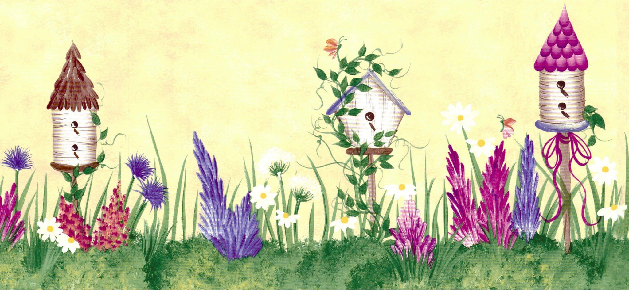 Prepasted Wallpaper Border - Floral Green, Beige, Purple, Pink Birdhouses, Flowers Wall Border Retro Design, 15 ft x 6.9 in (4.57m x 17.53cm)