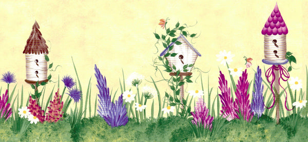 Prepasted Wallpaper Border - Floral Green, Beige, Purple, Pink Birdhouses, Flowers Wall Border Retro Design, 15 ft x 6.9 in (4.57m x 17.53cm)