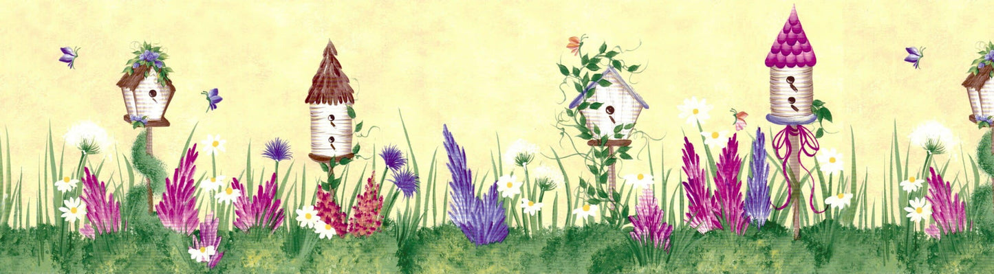 Prepasted Wallpaper Border - Floral Green, Beige, Purple, Pink Birdhouses, Flowers Wall Border Retro Design, 15 ft x 6.9 in (4.57m x 17.53cm)