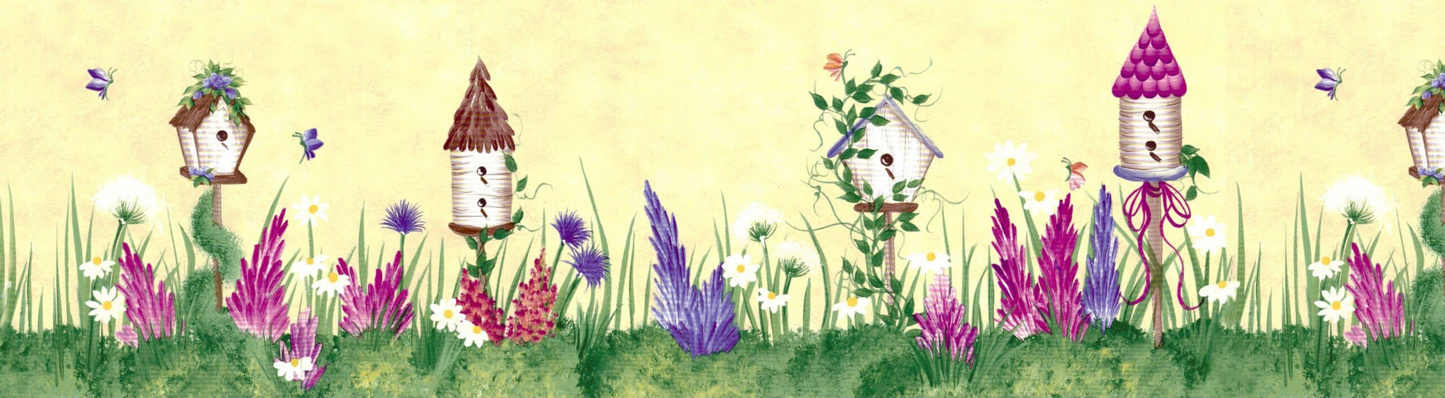 Prepasted Wallpaper Border - Floral Green, Beige, Purple, Pink Birdhouses, Flowers Wall Border Retro Design, 15 ft x 6.9 in (4.57m x 17.53cm)