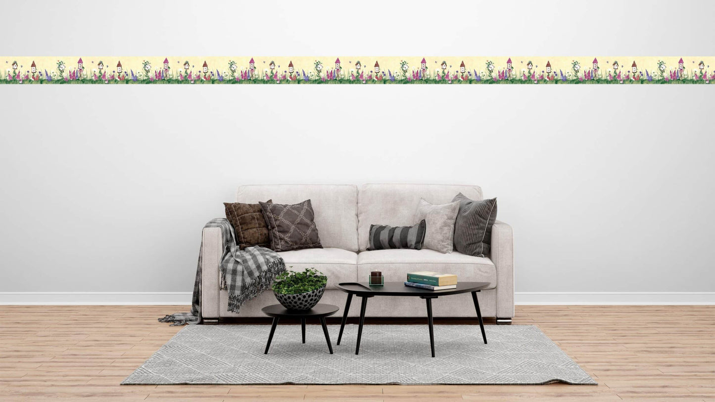 Prepasted Wallpaper Border - Floral Green, Beige, Purple, Pink Birdhouses, Flowers Wall Border Retro Design, 15 ft x 6.9 in (4.57m x 17.53cm)