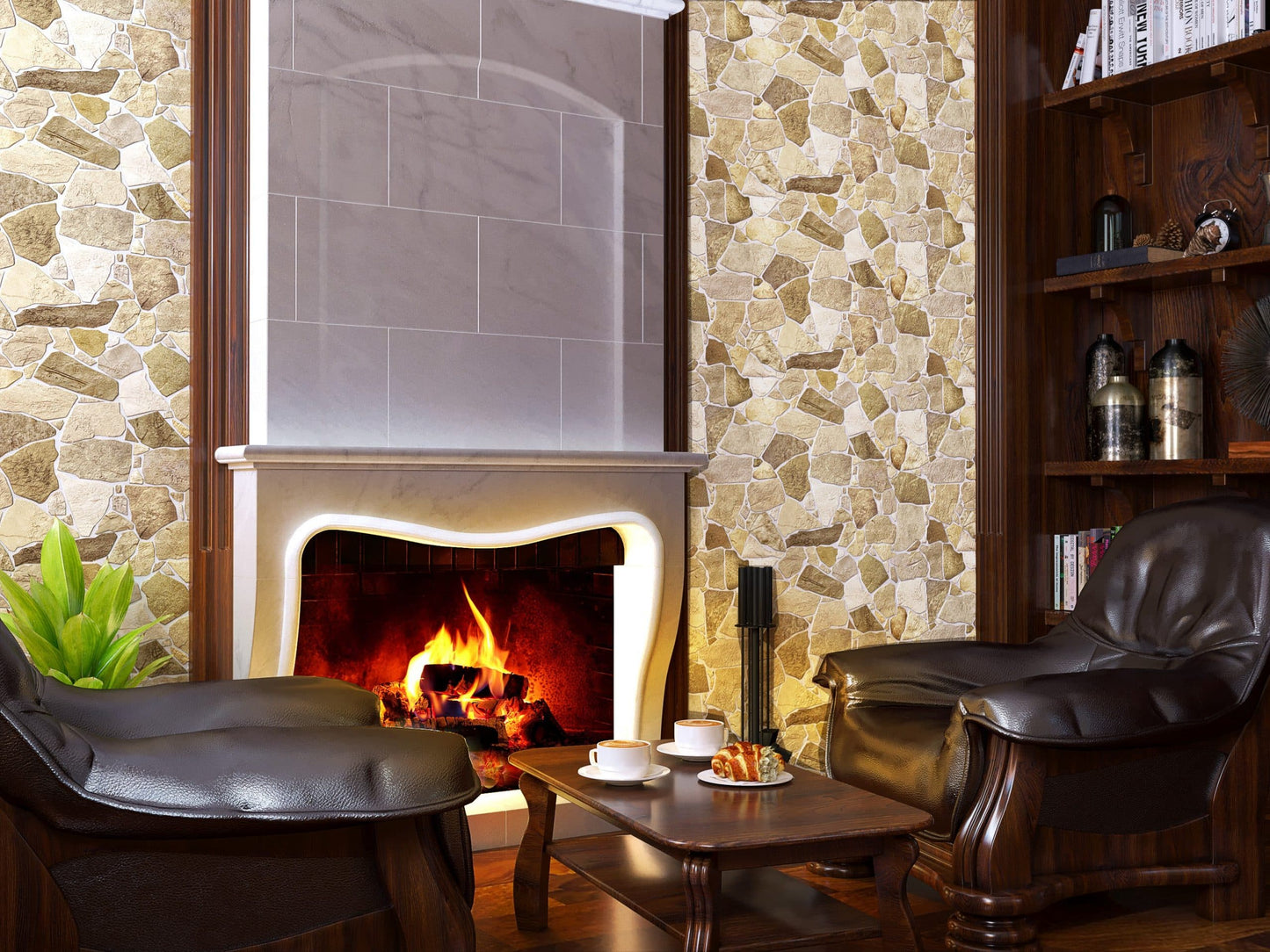 Brown Beige Faux Stone PVC 3D Wall Panel, 3.2 ft X 2.1 ft (98cm X 63cm), Interior Design Wall Paneling Decor, 6.7 sq. ft. (0.62 sq. m) each