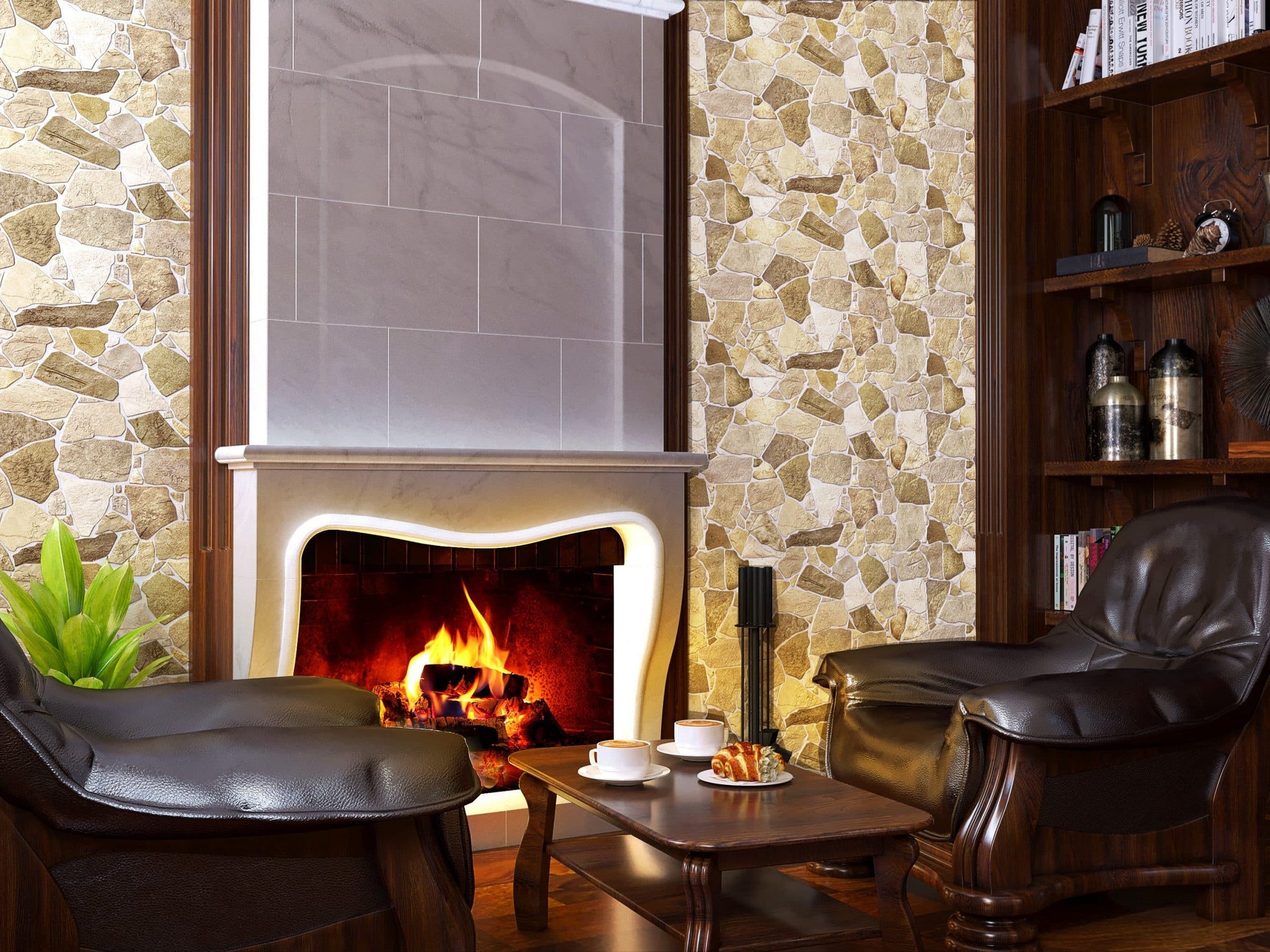 Brown Beige Faux Stone PVC 3D Wall Panel, 3.2 ft X 2.1 ft (98cm X 63cm), Interior Design Wall Paneling Decor, 6.7 sq. ft. (0.62 sq. m) each