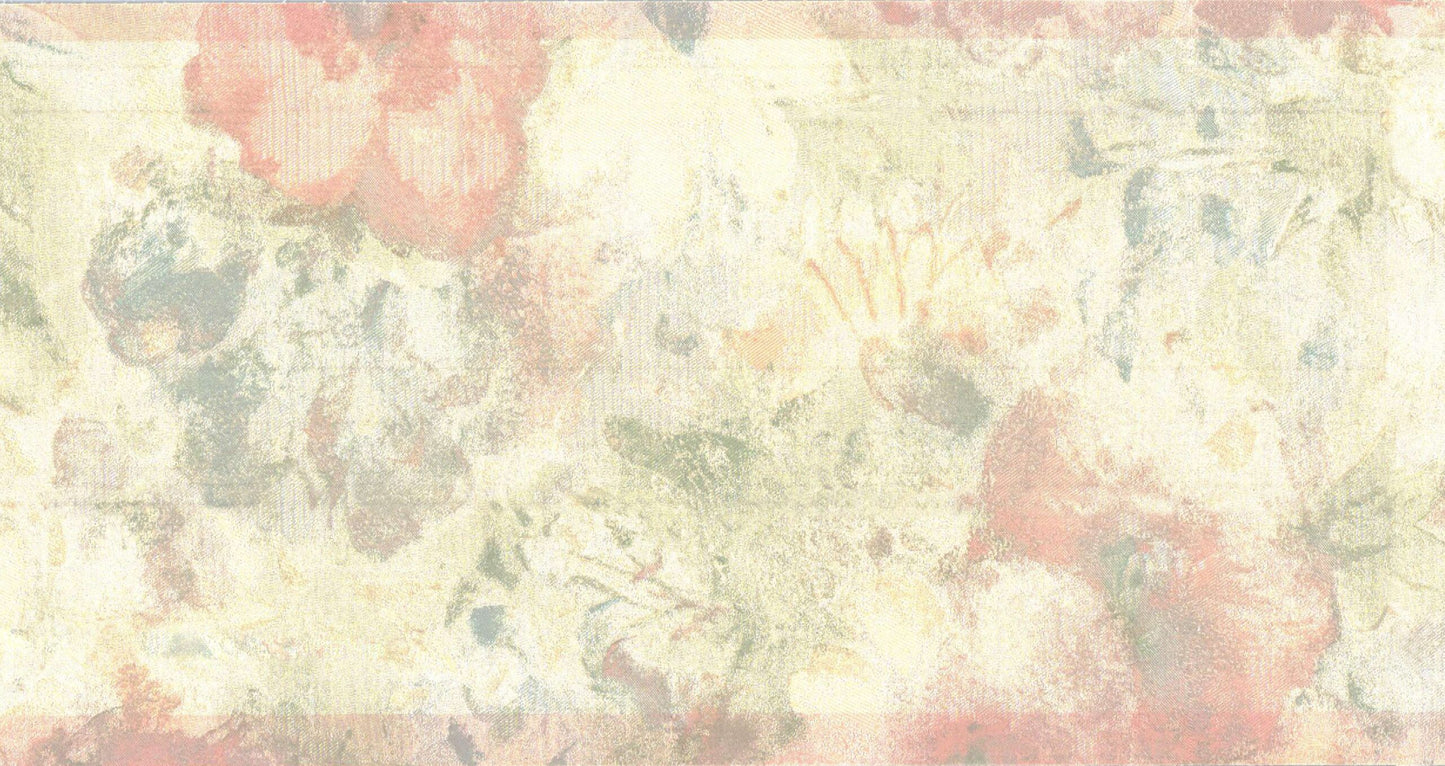 Prepasted Wallpaper Border - Abstract Beige, Green, Silver Flowers in Brush Strokes Wall Border Retro Design, 15 ft x 5.5 in (4.57m x 13.97cm)