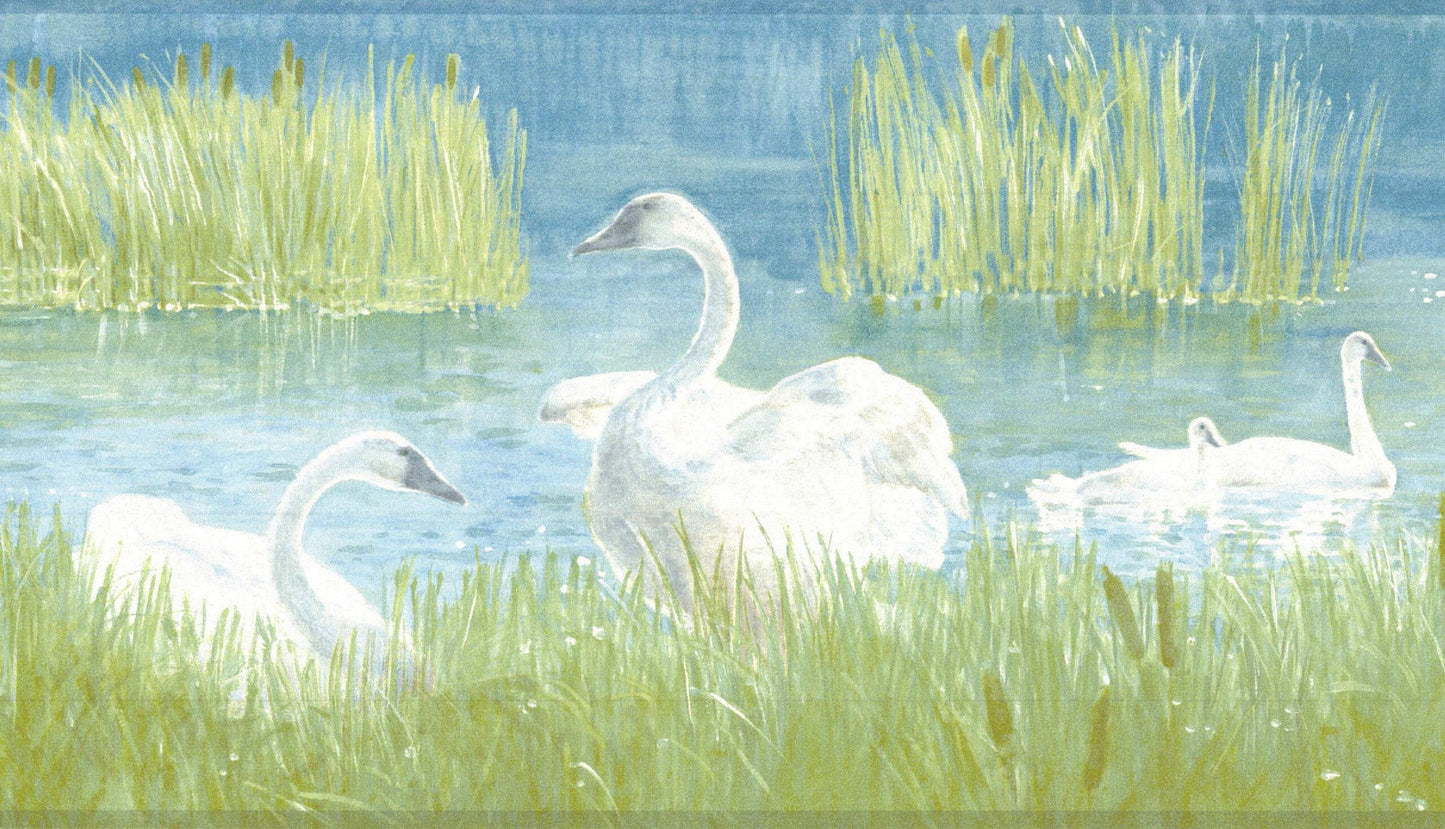 Prepasted Wallpaper Border - Nature White, Green, Blue Swans, Lake Wall Border Retro Design, 15 ft x 7 in (4.57m x 17.78cm)