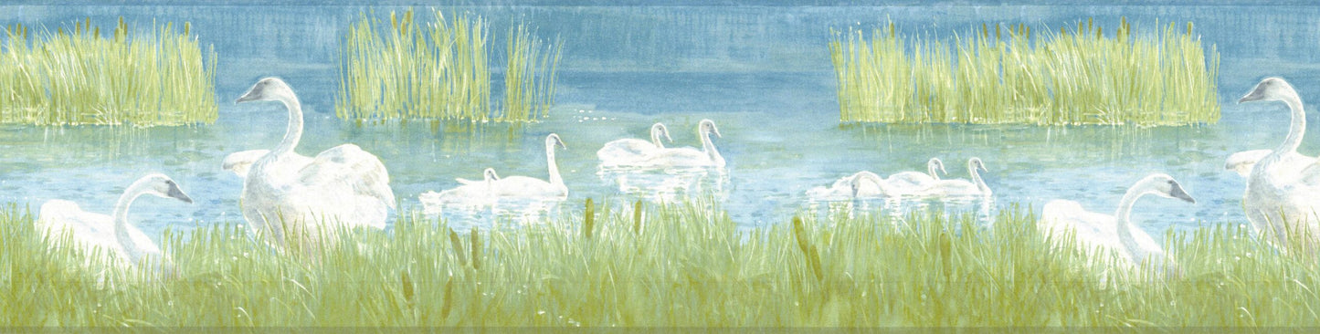 Prepasted Wallpaper Border - Nature White, Green, Blue Swans, Lake Wall Border Retro Design, 15 ft x 7 in (4.57m x 17.78cm)