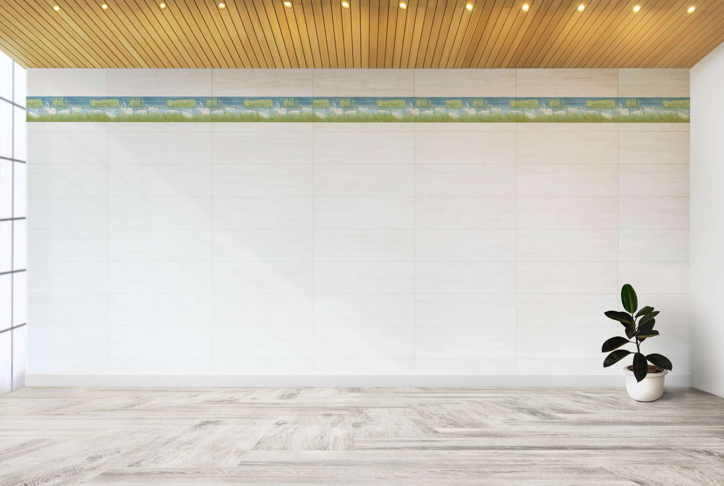 Prepasted Wallpaper Border - Nature White, Green, Blue Swans, Lake Wall Border Retro Design, 15 ft x 7 in (4.57m x 17.78cm)