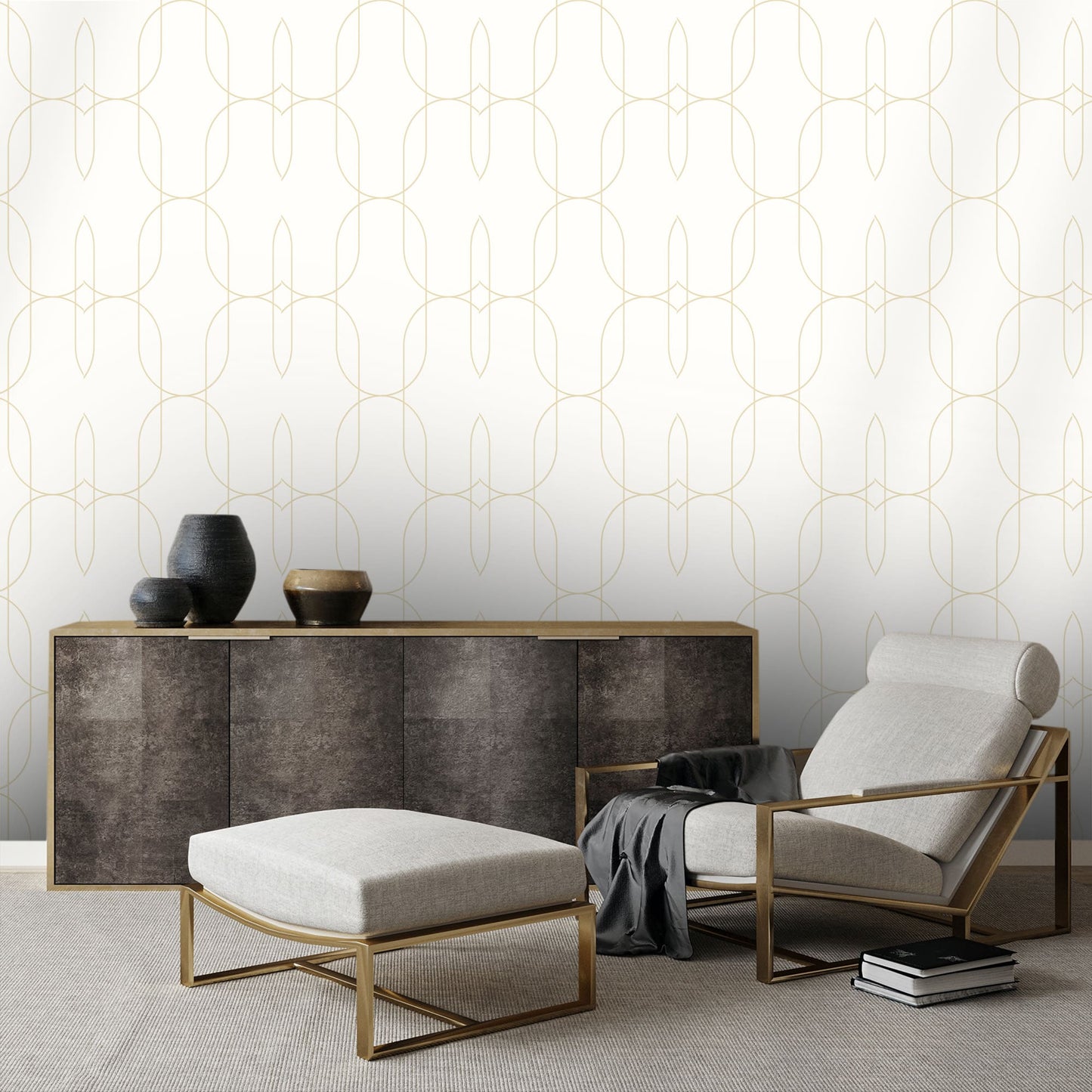 Textured Wallpaper Geometric in White|Gold