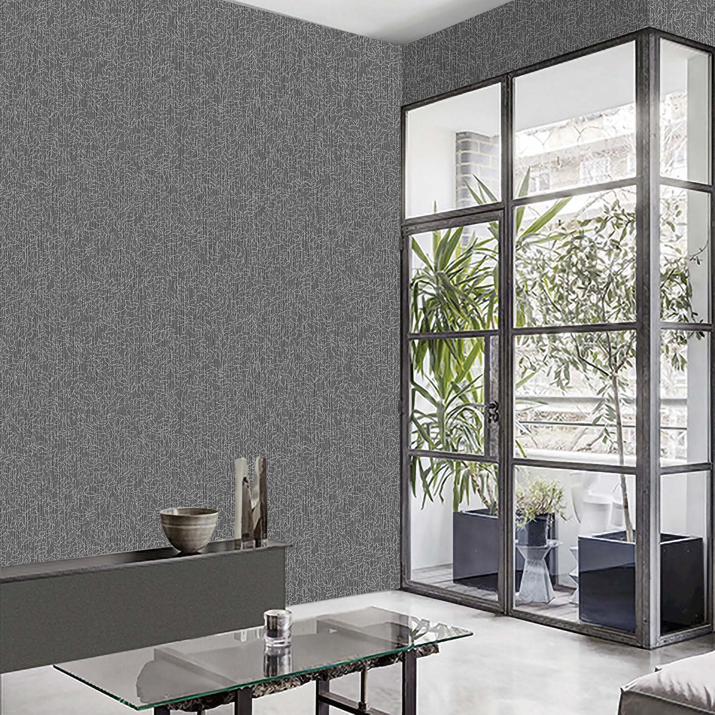 Textured Wallpaper Fabric|Floral in Black|Silver