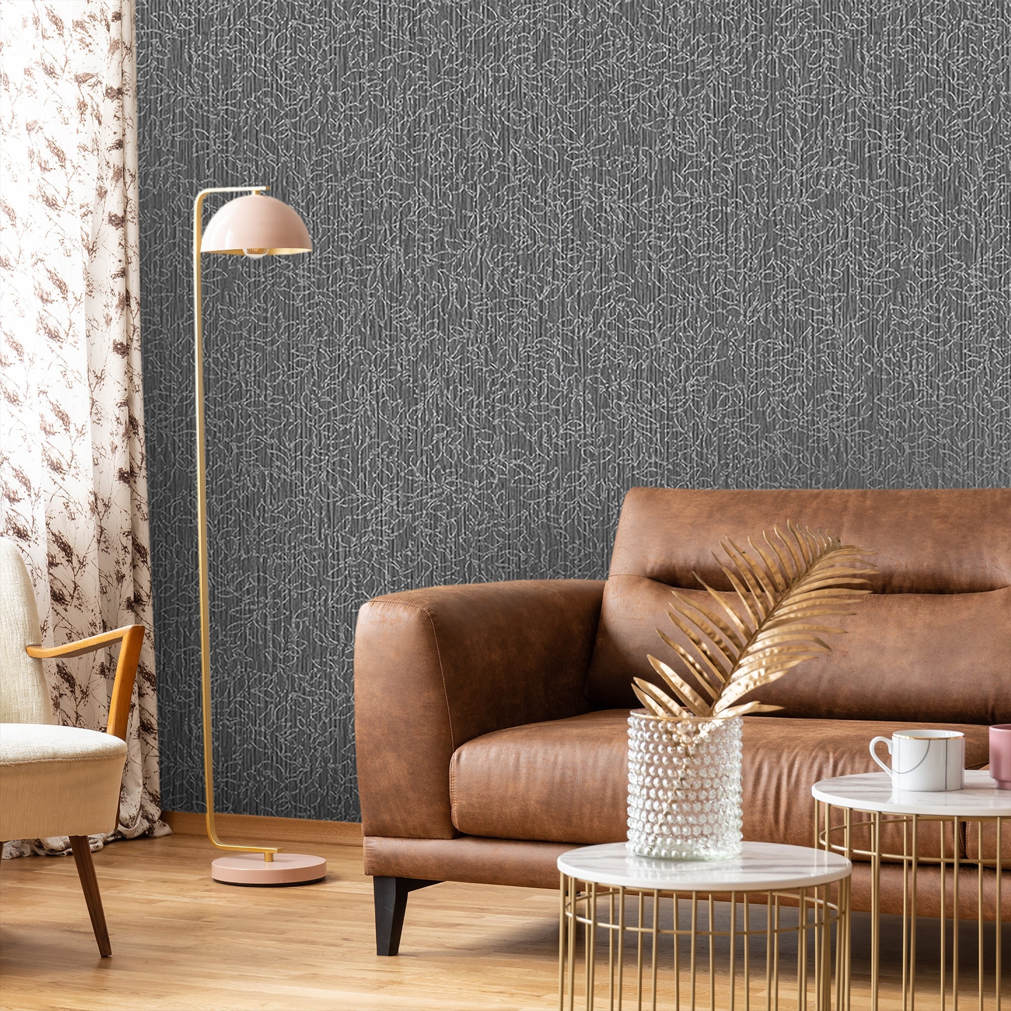Textured Wallpaper Fabric|Floral in Black|Silver