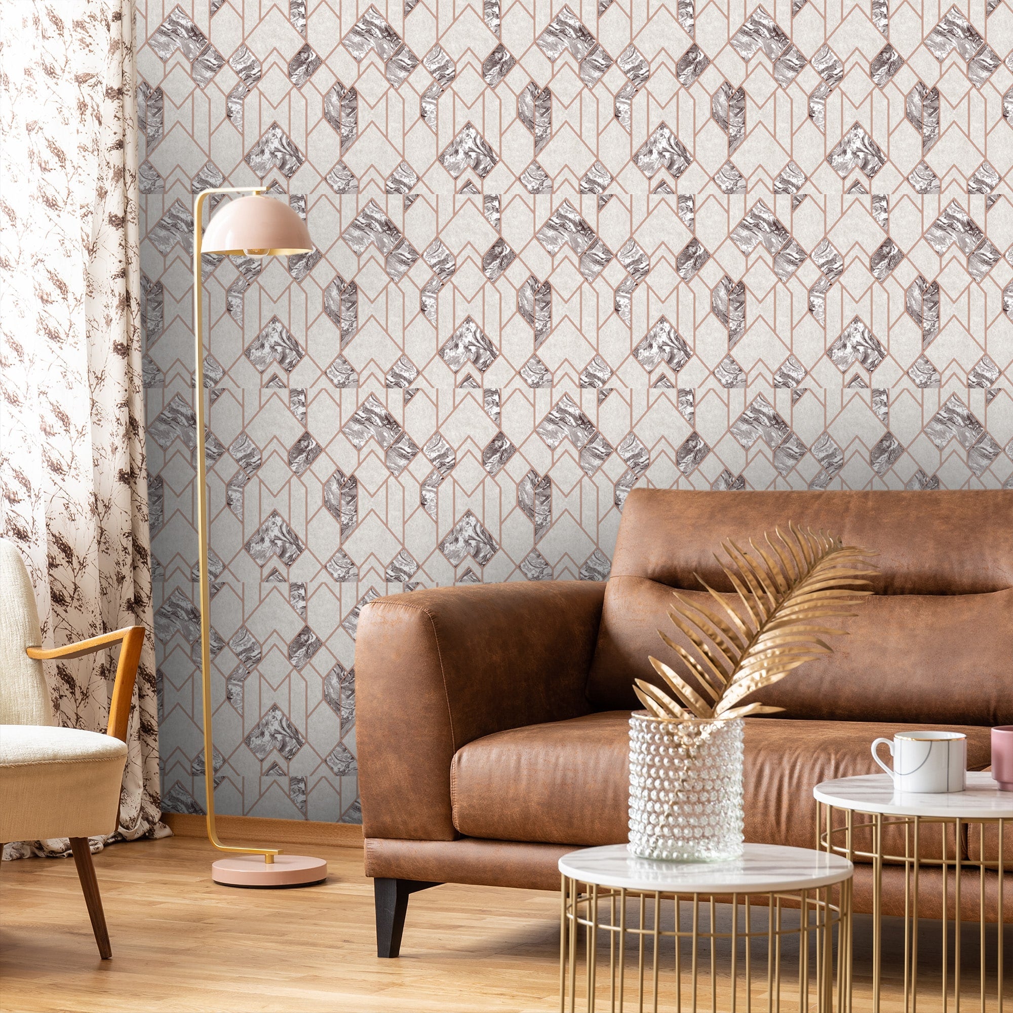 Textured Wallpaper Trellis in Grey|Rose Gold