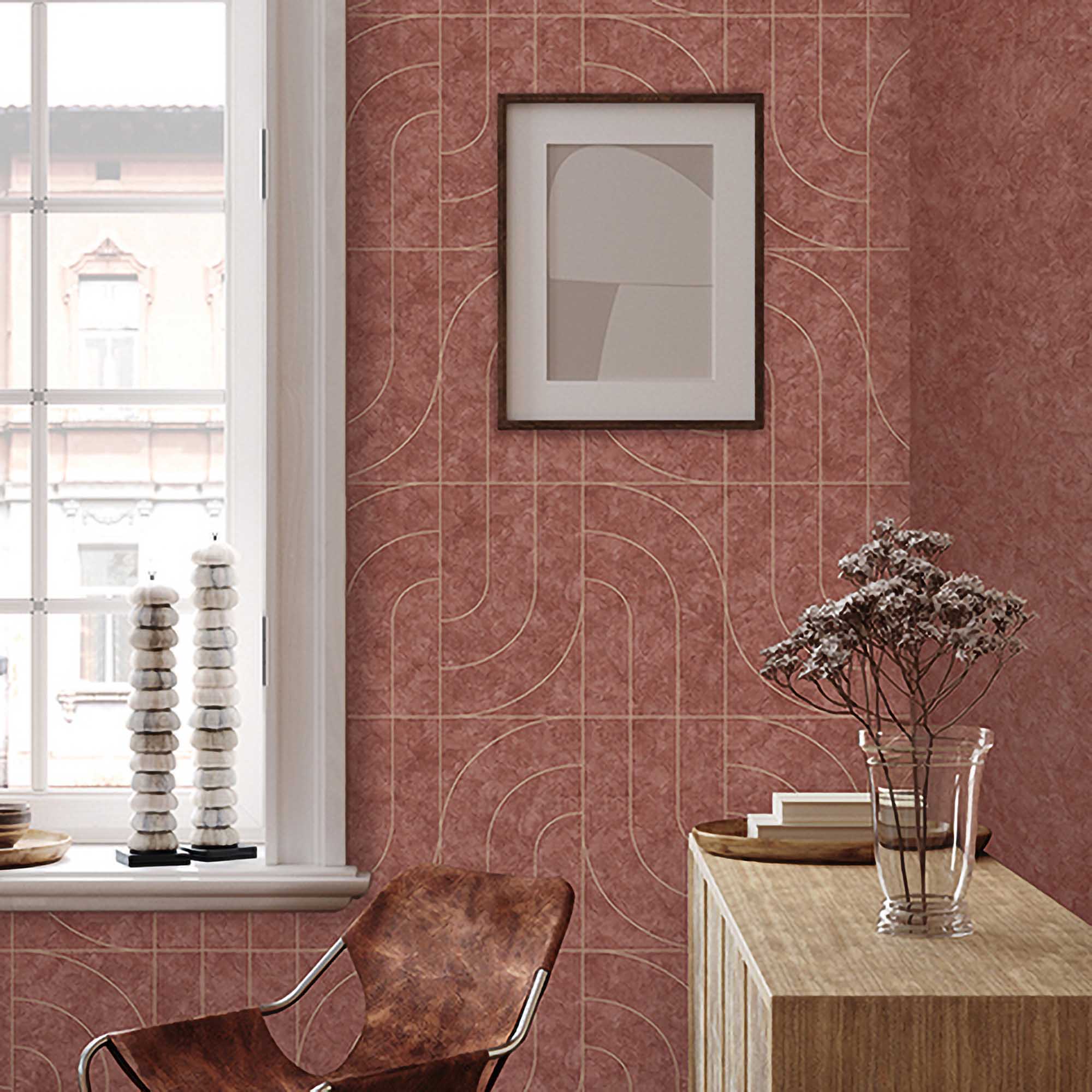 Textured Wallpaper Abstract|Plastered|Grunge|Geometric in Maroon|Red|Gold