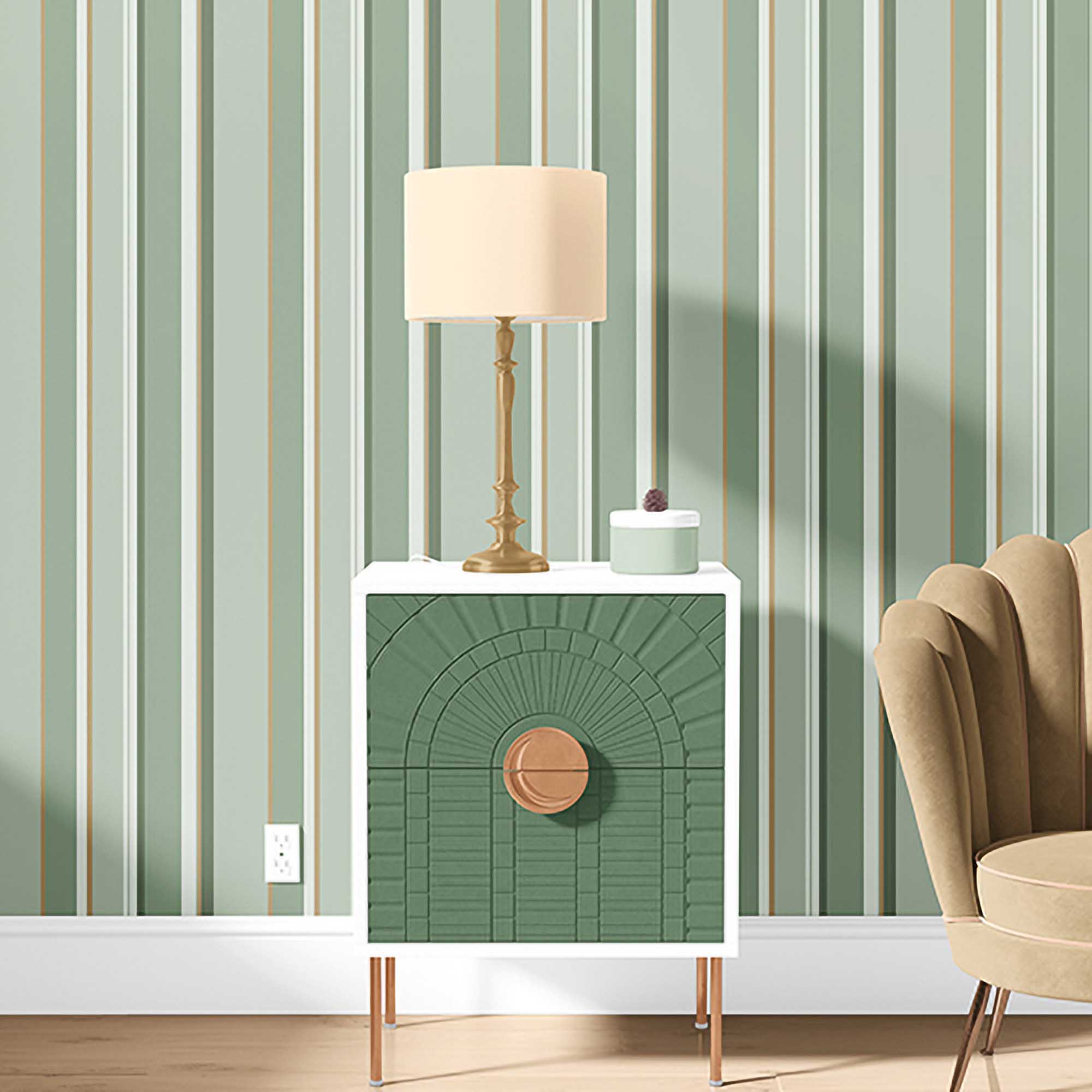 Textured Wallpaper Stripes in Green|Gold
