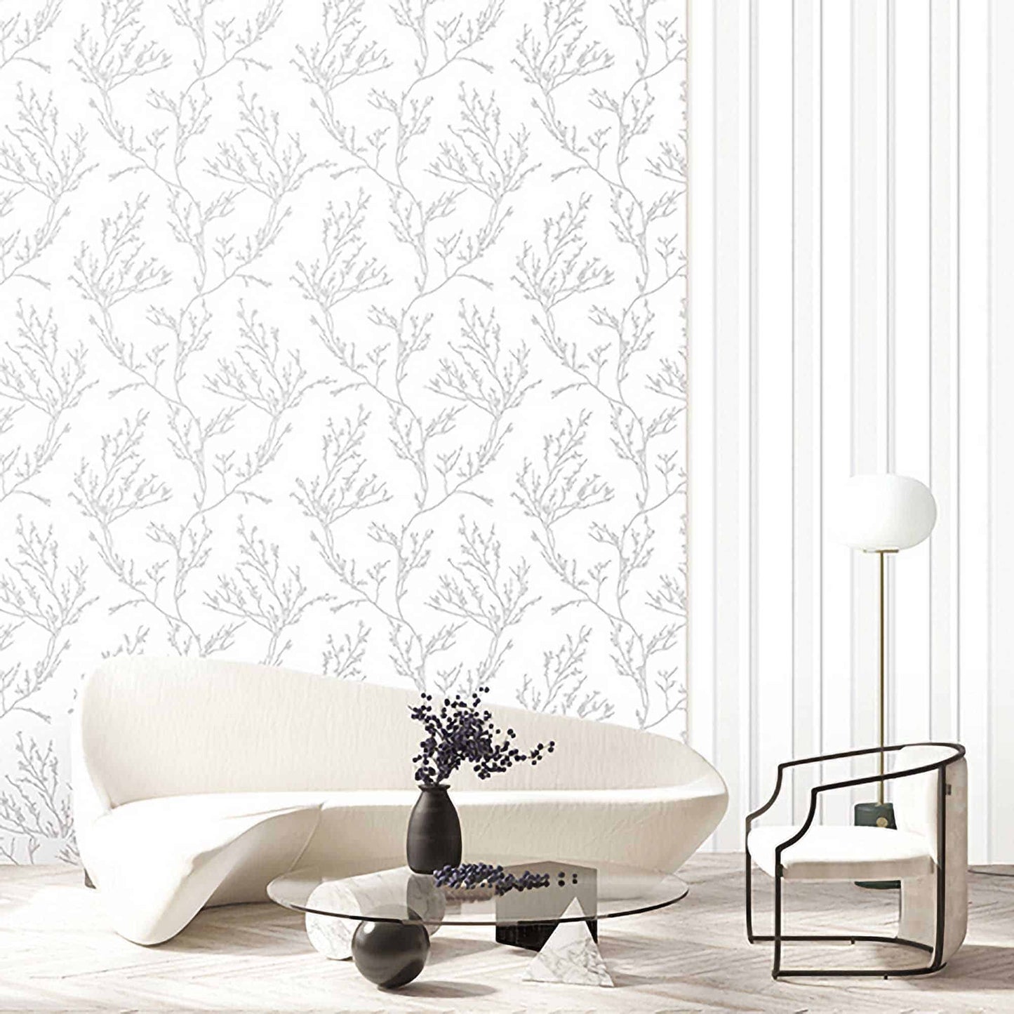 Textured Wallpaper Floral in White|Silver