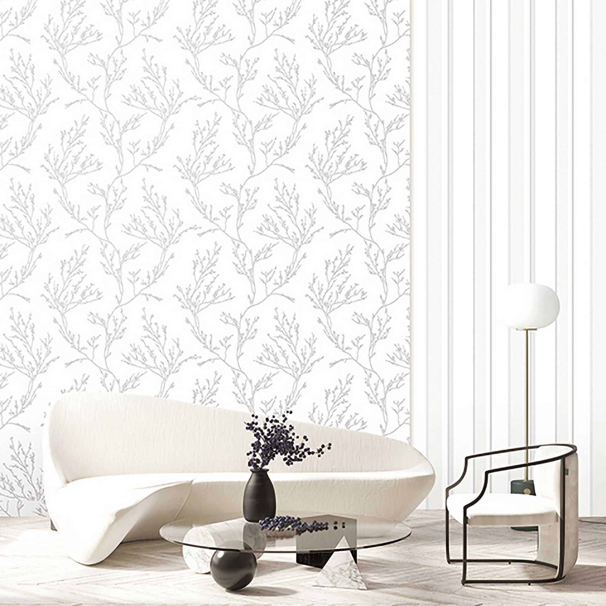 Textured Wallpaper Floral in White|Silver