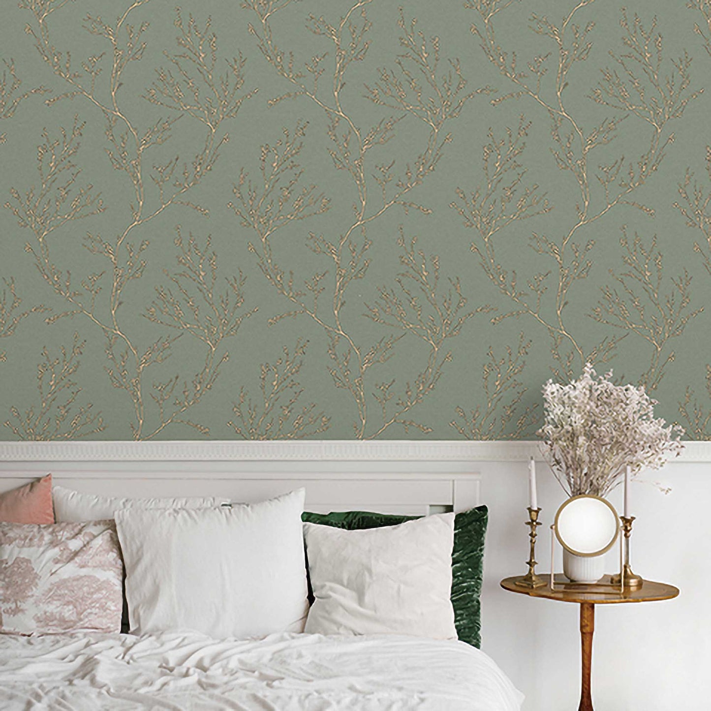Textured Wallpaper Floral in Green|Gold