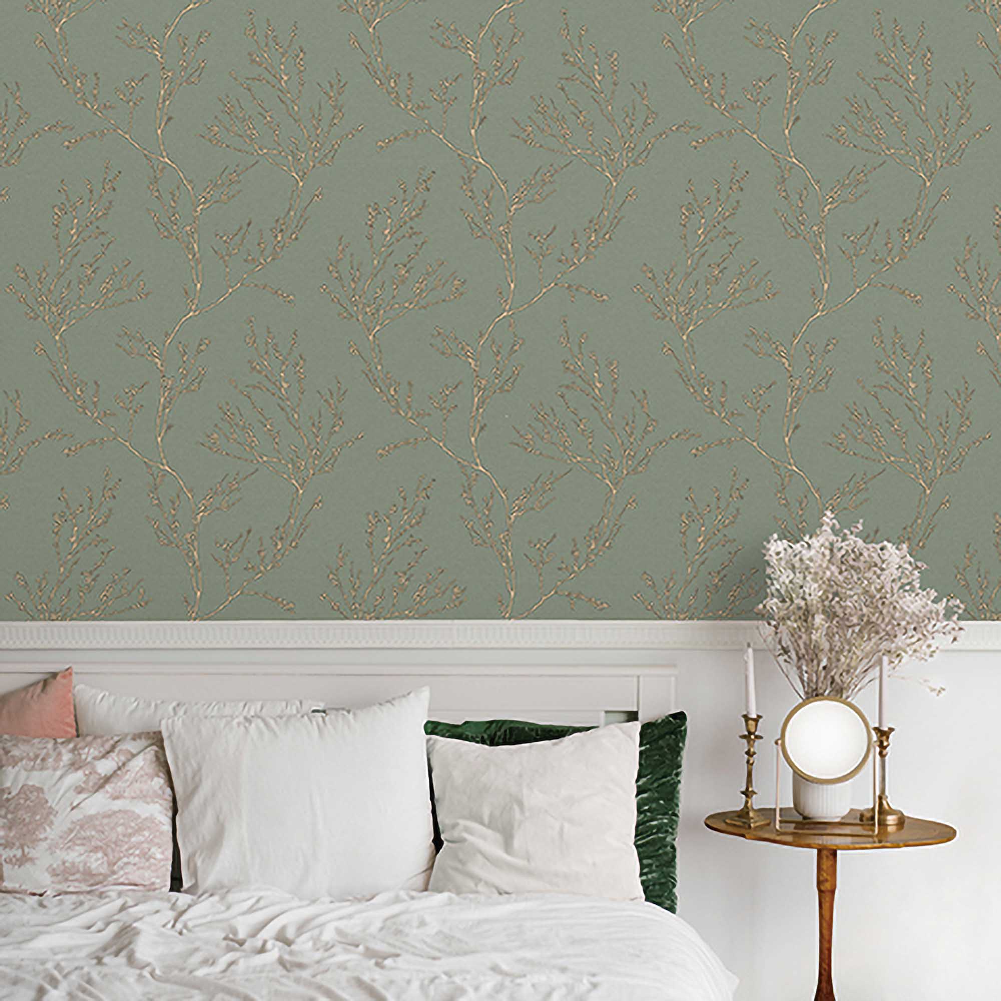 Textured Wallpaper Floral in Green|Gold