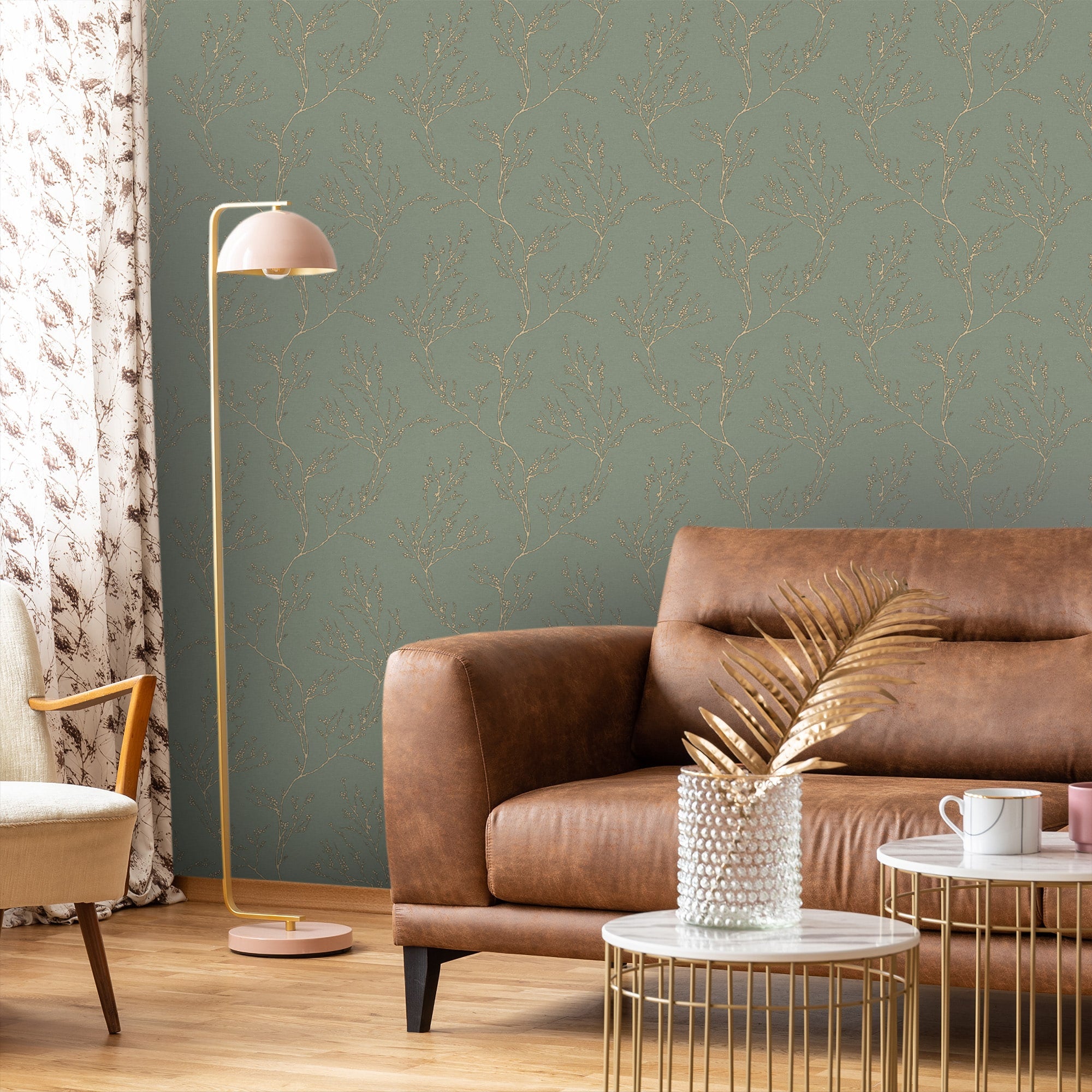 Textured Wallpaper Floral in Green|Gold